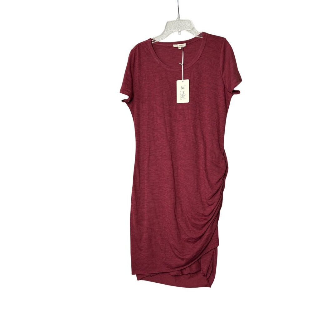 NWT La Miel Womens Ruched Midi Dress Burgundy Short Sleeve‎ Cotton Blend Medium